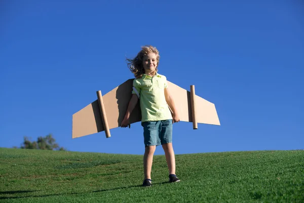Criança brincando com asas de brinquedo de papelão no parque. Conceito de dia de crianças. Kid boy em um traje piloto está jogando e sonhando em se tornar um aviador espacial. — Fotografia de Stock