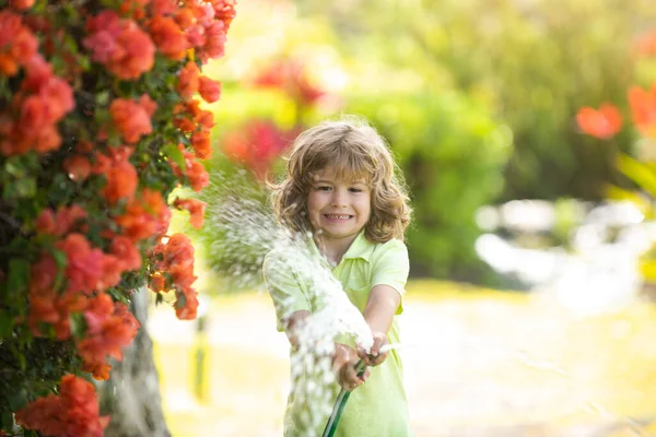 Ребенок поливает растение вне дома, концепция растениеводства учебная деятельность для детей и детей образование для природы. — стоковое фото