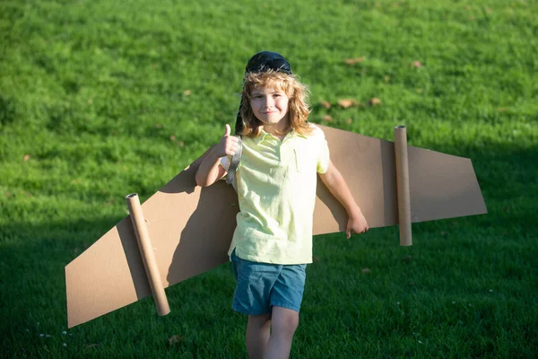 Grabben leker med pappvingar. Barn på sommarfältet med tummen upp. Barn resor och semester koncept. Idé och frihet. — Stockfoto
