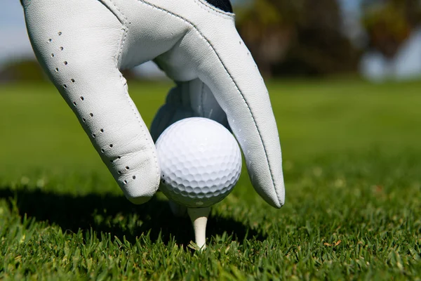 Hand setzt Golfball auf Abschlag im Golfplatz. Golfball im Gras aus nächster Nähe. — Stockfoto