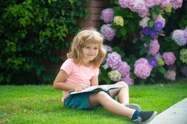 Çocuk bahçede faiz kitabı okuyor. Yaz eğlencesi. Çimlerin üzerinde oturup çocuk kitabı okuyan tatlı bir çocuk. Öğrenme kavramı.