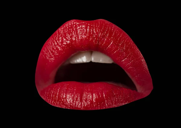 Open mond vrouw dicht. Sexy rode vrouwelijke lippen. Sensuele open mond. Geïsoleerde lip, verrast wow icoon. — Stockfoto