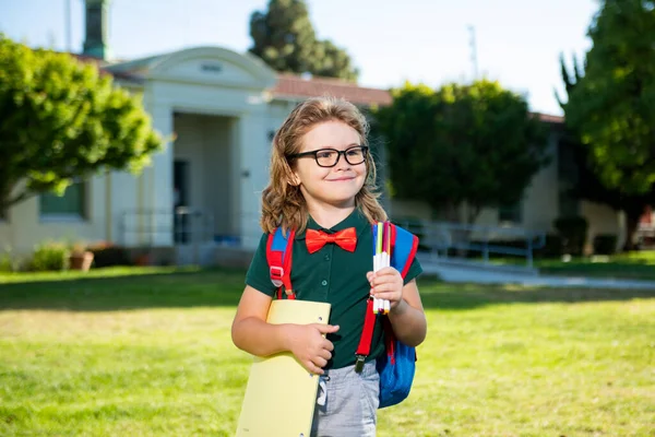 De vuelta a la escuela. Retrato de colegial de la escuela primaria en el patio de la escuela. —  Fotos de Stock