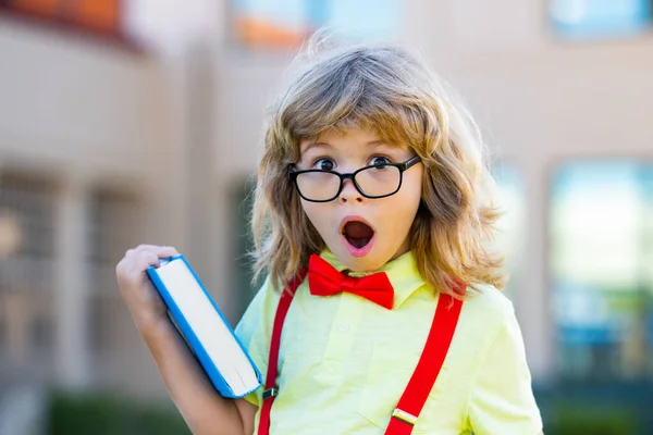 Um miúdo da escola primária. Rapaz feliz de óculos vai para a escola pela primeira vez. Criança com saco escolar e livro. De volta à escola. — Fotografia de Stock