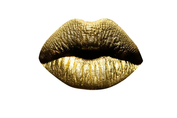 Σέξι χείλη. Κοντινό πλάνο σέξι όμορφα θηλυκά χρυσά χείλη απομονωμένα. Χρυσό κραγιόν. — Φωτογραφία Αρχείου