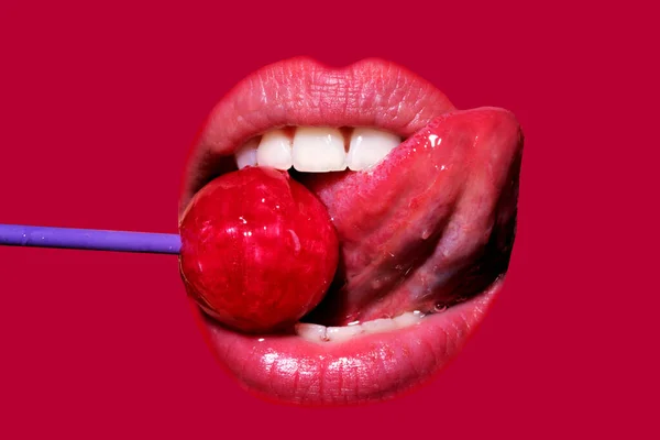 Orgasm concept. Close up lips with lollipop isolated, sexy blowjob, sensual mouth with lipstick eats sweets. Sexy design for women and girls. Beauty lips isolated on red. — 图库照片