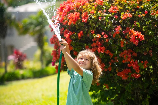 Rolig unge ha kul och glad leende på naturen bakgård. Vattna växter i trädgården hemma på sommardagen. — Stockfoto