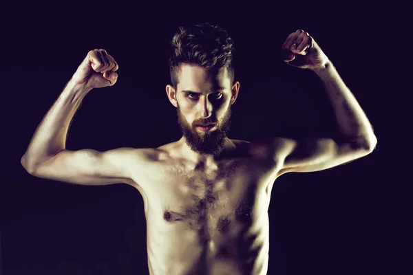 Bearded man or hipster with slim body, with anorexia — Stock Photo, Image