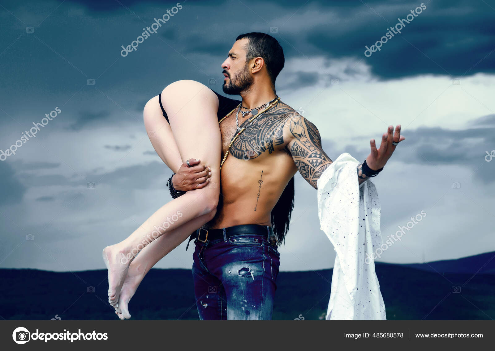 Naked woman and young man. Couple in love. Night Party background. Beautiful passionate couple is after sex. Erotica and underwear picture