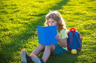 Küçük çocuk yaz gün batımında kitap okuyor..