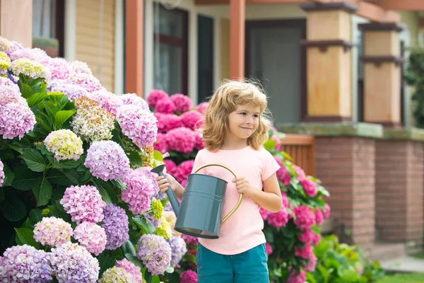 Netter Junge gießt Pflanzen im Garten an einem sonnigen Sommertag. — Stockfoto