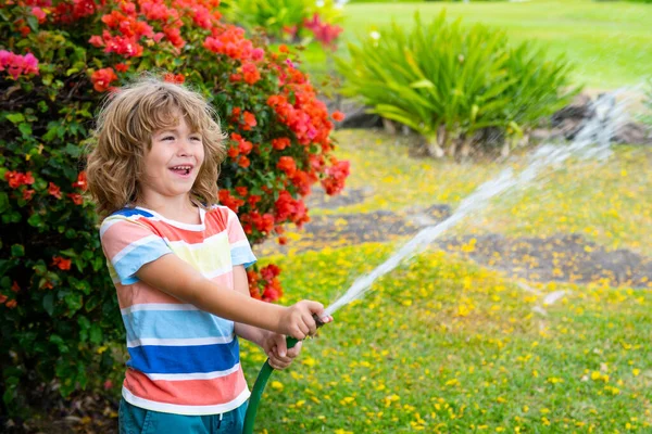 Милый мальчик поливает цветы в саду в летний день. Ребенок использует садовый шланг. Забавный ребенок поливает растения во дворе сада. — стоковое фото