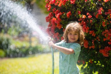 Arka bahçede bahçe hortumuyla oynayan komik küçük çocuk. Çocuk arka planda su püskürterek eğleniyor. Yaz çocukları açık hava aktivitesi.