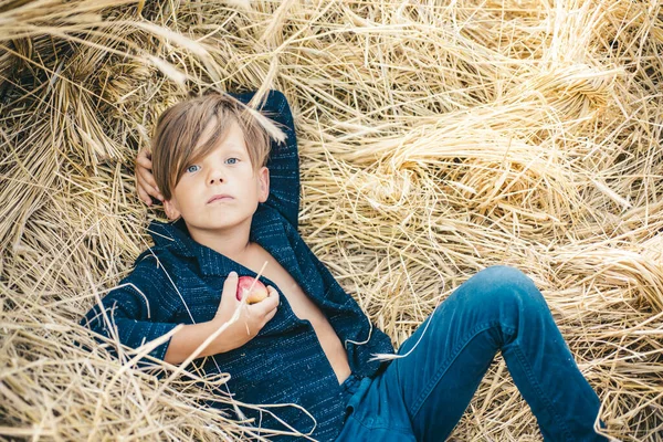 Jongen met blond haar ligt op hooiachtergrond en eet een appel. Portret van een vrolijke jongen liggend in een hooi. Kleine jongen adverteert met natuurlijke producten. Leuke jongen op herfstvakantie in het dorp. — Stockfoto