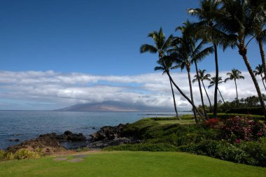 Hawaii plajı. Güneşli gökyüzü olan tropik plajdan deniz manzarası. Hawaii adasının yaz cenneti plajı. Tropikal sahil. Bulutlu egzotik yaz plajı. Okyanus sakin ve rahat.