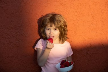 Çilek tutan şirin bir çocuk. Çilek yiyen çocuk..