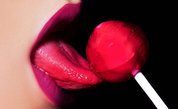 Red lips, mouth and tongue icon suck lick lollipop. Licking candy. . Poster and banner of open mouth. Close-up woman licking lips. Female sexy mouth with tongue. — Stock Photo, Image