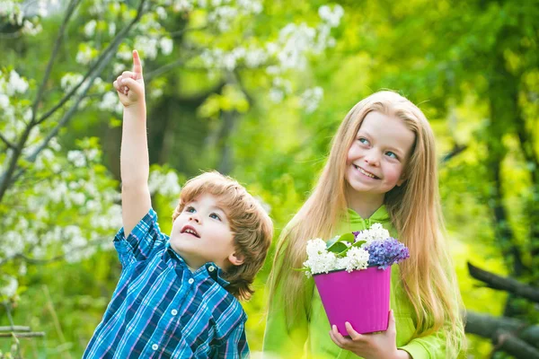 Salvar conceito de mundo. Duas crianças pequenas que mantêm flores no pote em conjunto para preparar a planta no chão. — Fotografia de Stock