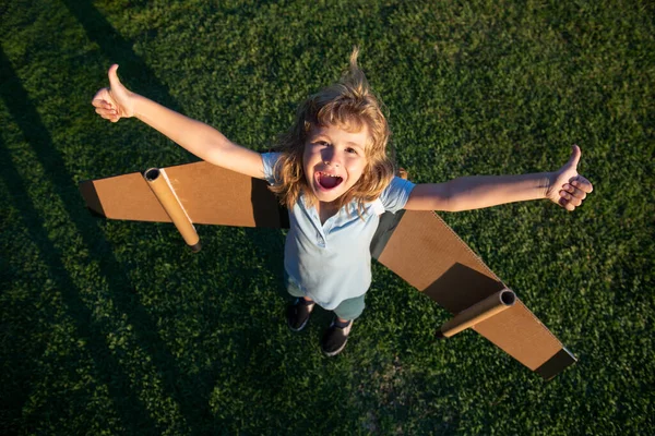 Excité enfant garçon drôle volant dans l'avion fait artisanat d'ailes en carton. Rêve, imagination, enfance. Garçon rêve de voler. Enfant insouciant jouant à l'extérieur. — Photo