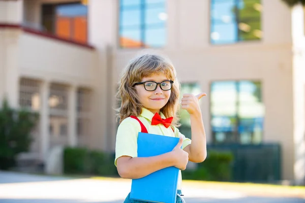 Πίσω στο σχολείο. Αστείο αγοράκι με γυαλιά στο σχολείο. Παιδί από το δημοτικό με βιβλίο και τσάντα. Παιδαγωγικό. — Φωτογραφία Αρχείου