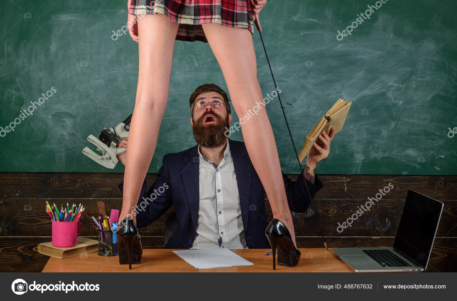 Flirting sensual sexy school and teacher. Pretty girl student seduce teacher.  Teaching and learning, sex education and study. School time. Sexy couple  play in love game. Stock Photo by Â©Tverdohlib.com 488767632