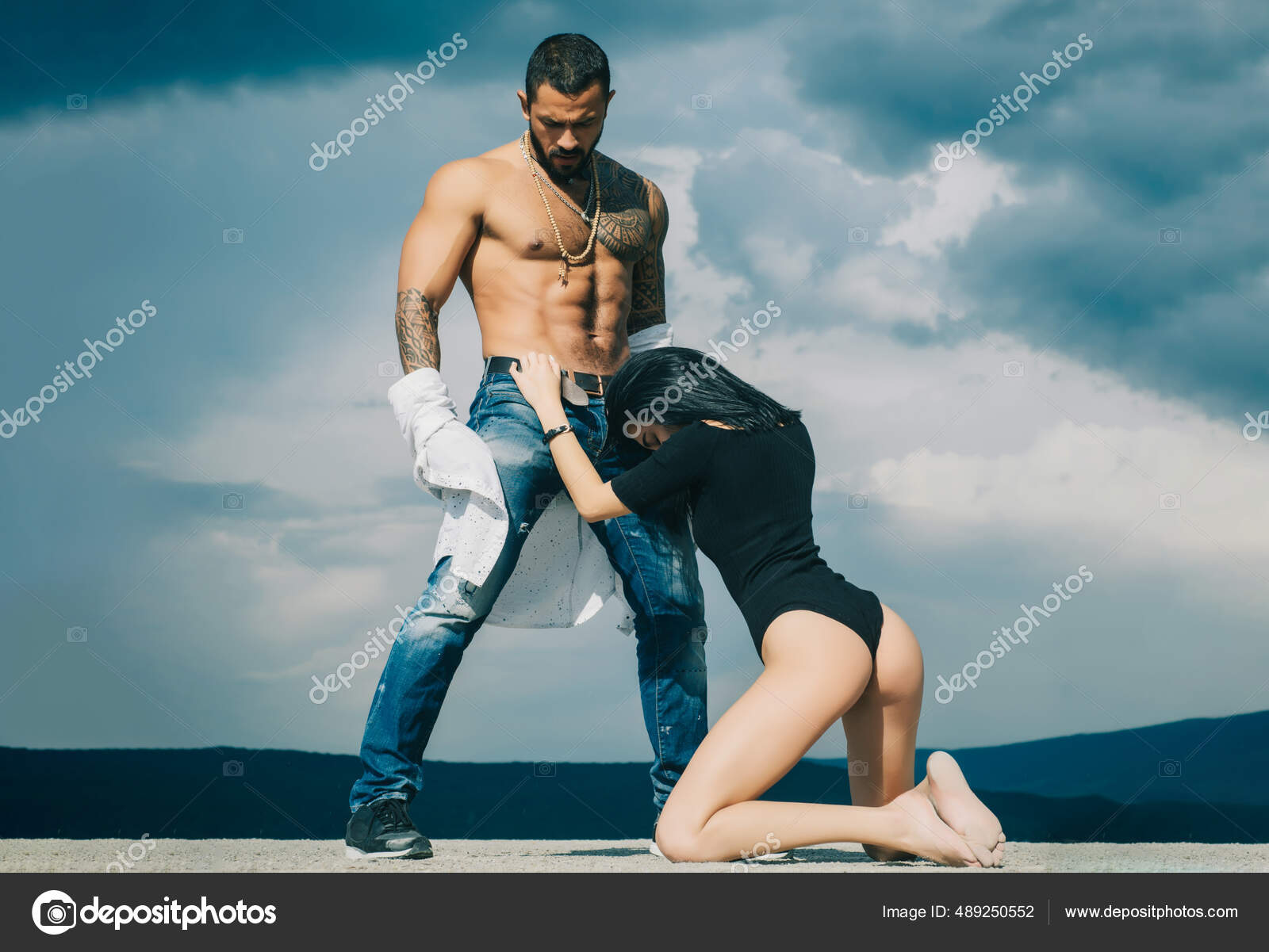 Passionate women making oral sex with muscular man. All-day sex marathon. French style sex. Couple Lovers. Intimate relationship and sexual relations photo