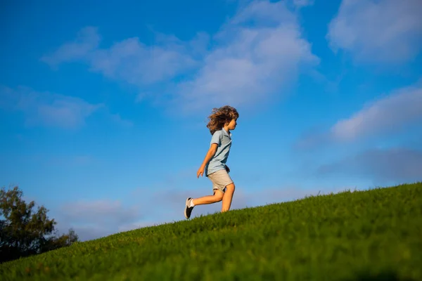 Glad pojke springer runt det gröna fältet på blå himmel, känslomässig promenad på naturen och lycka. Söt liten pojke som har roligt utomhus. — Stockfoto