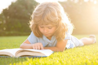 Çimlerin üzerinde kitap okuyan sevimli çocuk. Çocuk yaz parkında kitap okuyor..