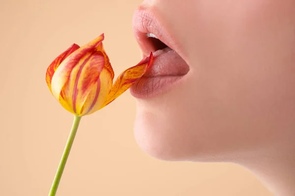 Lippen. Een deel van het gezicht van een vrouw. Sexy mollige lip met make-up. Lippen, rode lippenstift, mond geïsoleerd. Sexy meisje mond dicht. Sensuele tong in de mond van een jonge vrouw. Cosmetica en kosmetologie. — Stockfoto