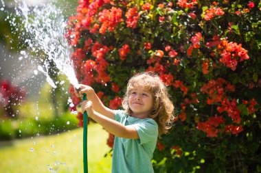 Çocuklar bahçede su hortumuyla oynuyorlar. Açık hava çocukları yaz eğlencesi. Küçük çocuk arka bahçede su hortumuyla oynuyor. Çocuklar için parti oyunu. Sıcak güneşli bir gün için sağlıklı aktivite.