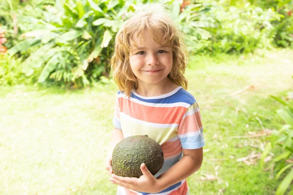 Niño feliz mostrando aguacate en el jardín de verano. Alimentos saludables para niños. —  Fotos de Stock