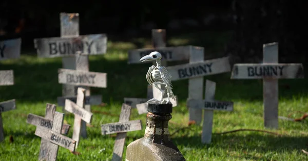 Halloween cemetery with raven skeleton. Banner design with copy space. — Stock Photo, Image