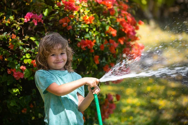 Zabawny chłopczyk bawiący się wężem ogrodowym na podwórku. Dziecko bawiące się sprayem wody. Aktywność w lecie na świeżym powietrzu dla dzieci. — Zdjęcie stockowe