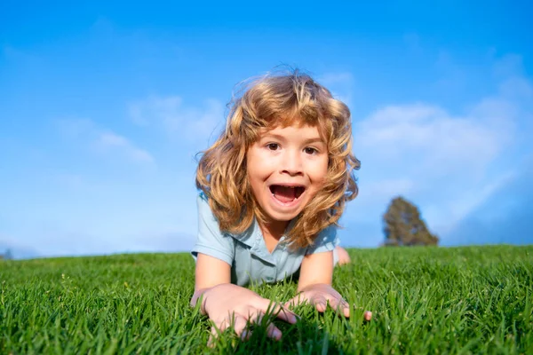 Portret van een opgewonden grappige jongen in het park. Grappig jongetje dat in de tuin lacht en plezier heeft. Zomer buitenactiviteiten voor kinderen. Uitdrukkingsgezicht. — Stockfoto