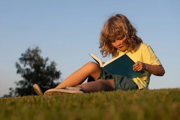 Niño leyendo libro, tendido en la hierba en el campo en el fondo del cielo. Retrato de niños listos. Éxito de los niños, concepto líder exitoso. —  Fotos de Stock