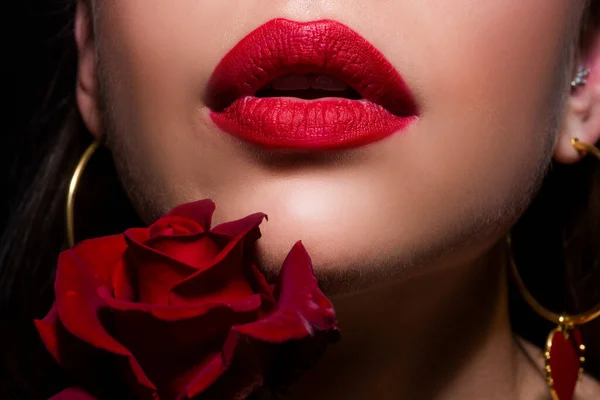 Χείλη γυναίκα στόμα closeup. Όμορφη γυναίκα χείλη με τριαντάφυλλο. — Φωτογραφία Αρχείου
