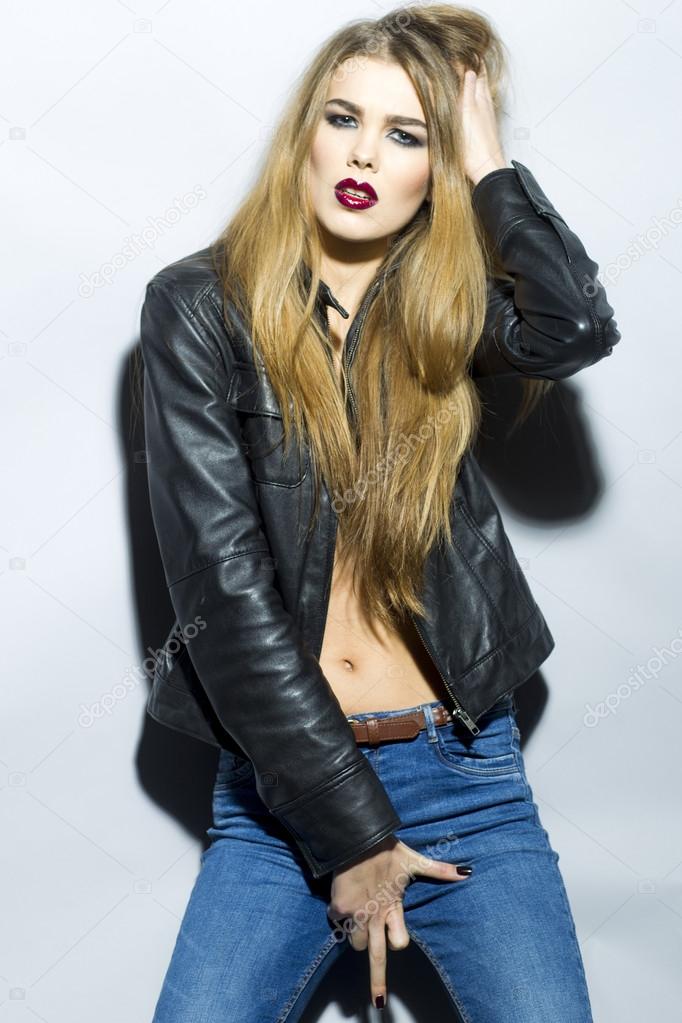 Woman in leather jacket