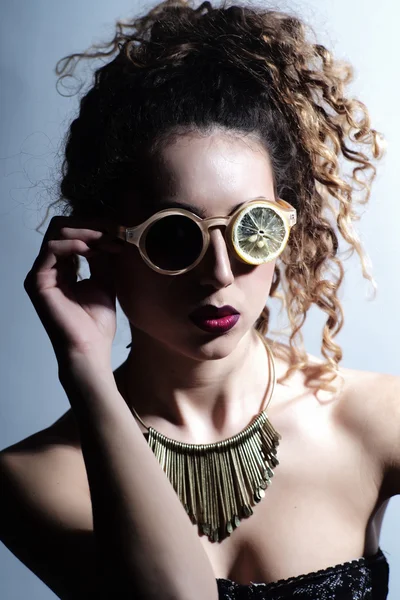 Woman in fruit glasses — Stock Photo, Image