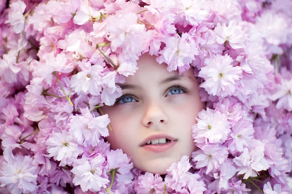 Little girl face among cherry blossom — Stock Photo, Image