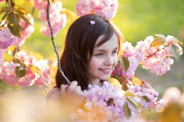 Kiraz çiçeklenme ortasında küçük kız