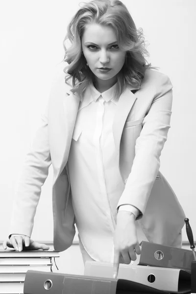 Angry woman near office table — Stock Photo, Image