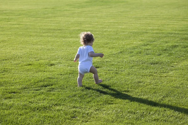 Szczęśliwy chłopiec zielona trawa — Zdjęcie stockowe