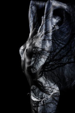Naked girl with bare tree texture