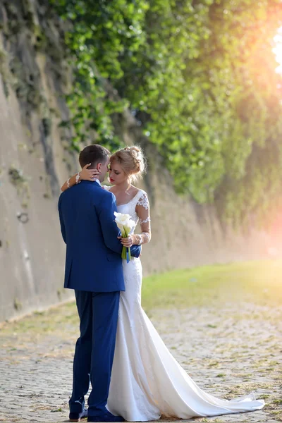 Hermosa pareja de boda cerca de pared de piedra — Foto de Stock