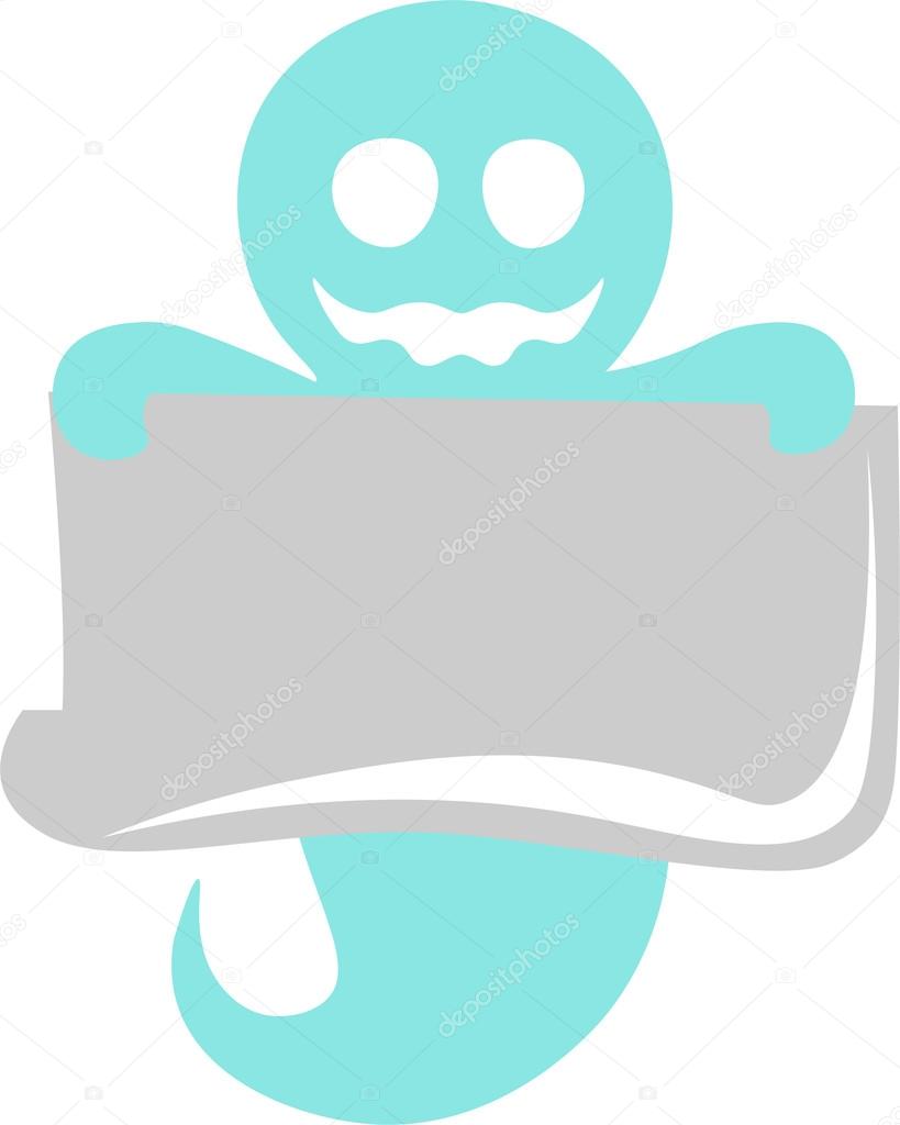 Vector full length illustration of one drawn sky blue color smiling ghost