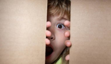 Çocuk bir kutu açıyor ve içine bakıyor, paketleri açıyor, sürpriz bir şekilde boks yapıyor. Kutusu açık çocuk