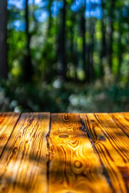 Bokeh efektli ahşap doku. Ahşap yüzeyin arkasındaki bulanık orman duvar kağıdı. Yapraklı bir ortamda açık masa. Boş alan için doğal tahta. Yaratıcı görüntü için yeşil orman arkaplanı