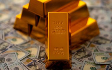 Gold bar and money. Gold bars for savings capital. Dollars money and gold concept
