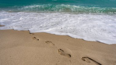Kuma ayak basar. Tropik sahil şeridi. Egzotik deniz plajı. Köpüklü deniz dalgaları. Güneşli deniz plajı tatili. Deniz kıyısı tatili