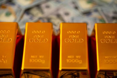 Background with gold. Finance background with golden metal and currency. Gold bars and deposit. Banking theme with pure gold and income. Rich lifestyle concept with gold and investment